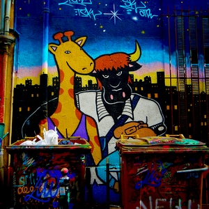 Mur et poubelles recouverts de street-art représentant une girafe et un taureau - France  - collection de photos clin d'oeil, catégorie streetart